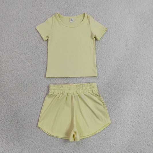 GSSO3763（GT1632+SS0899）RTS NO MOQ （In stock）Yoga Baby Girls yellow Short Sleeve Top And Sports Shorts Two Piece Yoga Active Clothes Sets