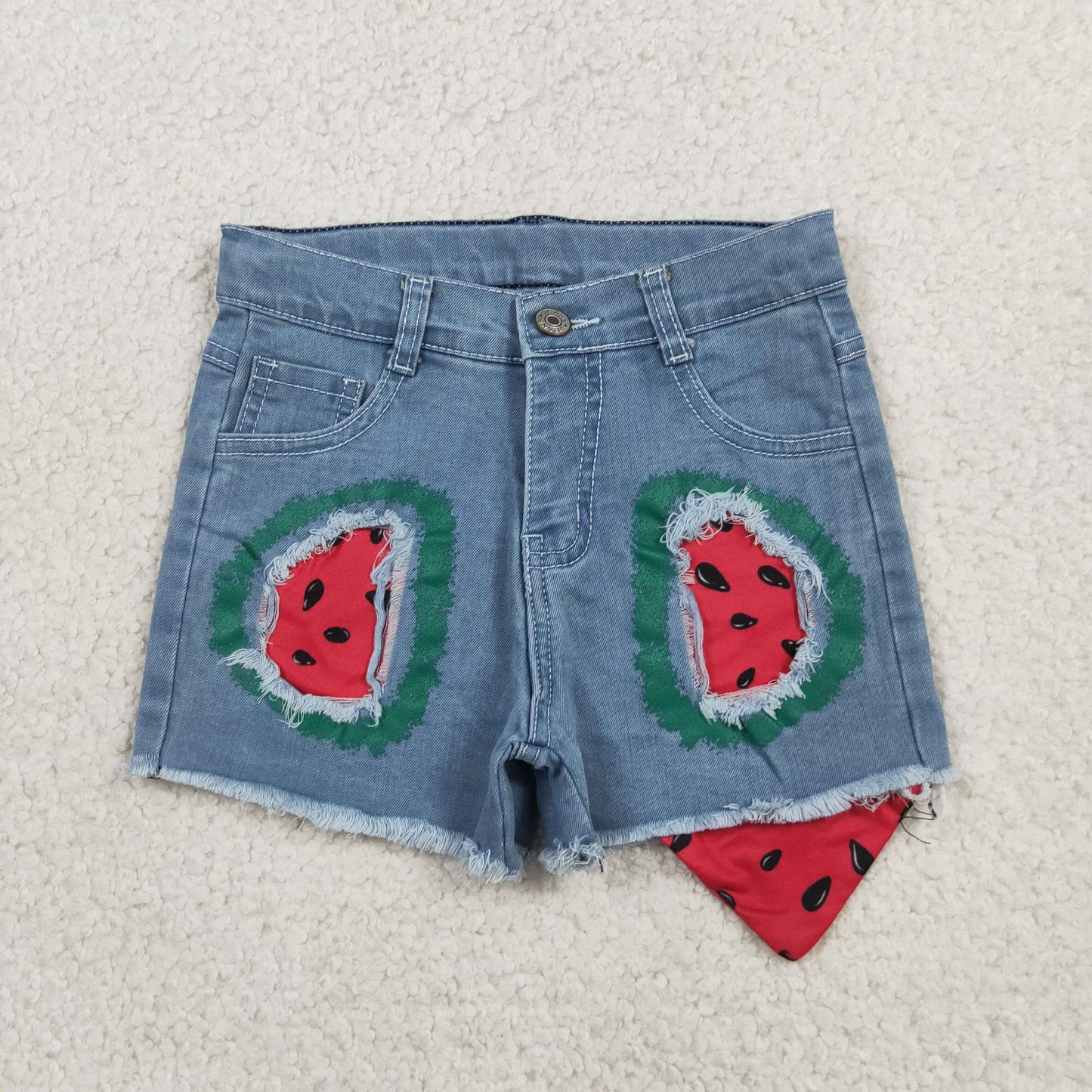 SS0948 RTS NO MOQ （In stock）Baby Girls Watermelons Denim Shorts Bottom With Pockets