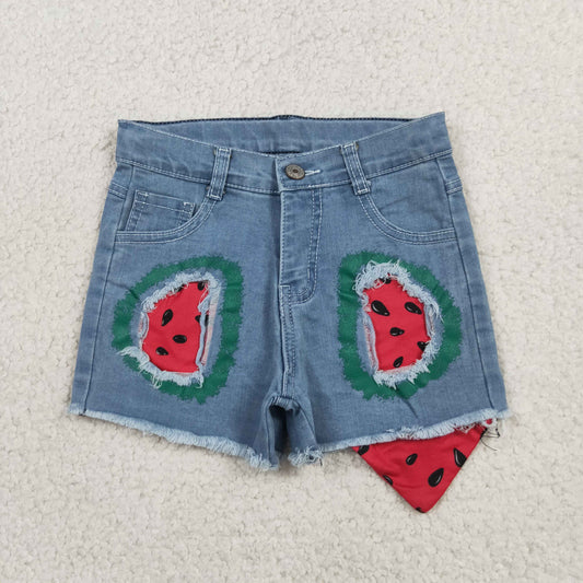SS0948 RTS NO MOQ （In stock）Baby Girls Watermelons Denim Shorts Bottom With Pockets