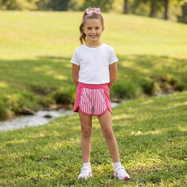 RTS NO MOQ （In stock）yoga fabric SS0949 Baby Girls Pink Stripe Yoga Side Pocket Summer Shorts Bottom