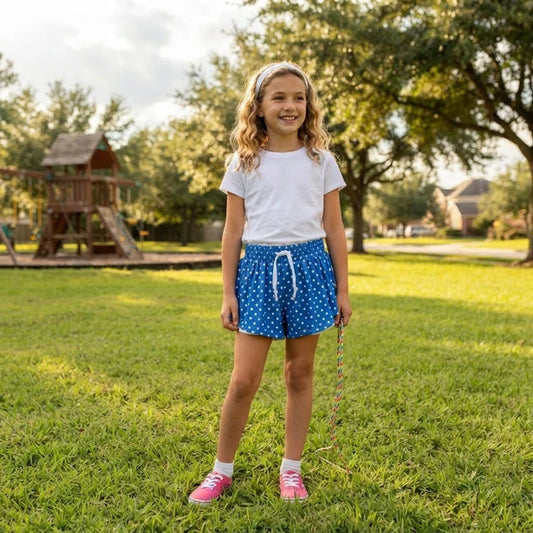 RTS NO MOQ （In stock）yoga fabric SS0966 Baby Girls Blue Polka Dots Butterfly Yoga Wear Shorts Bottom
