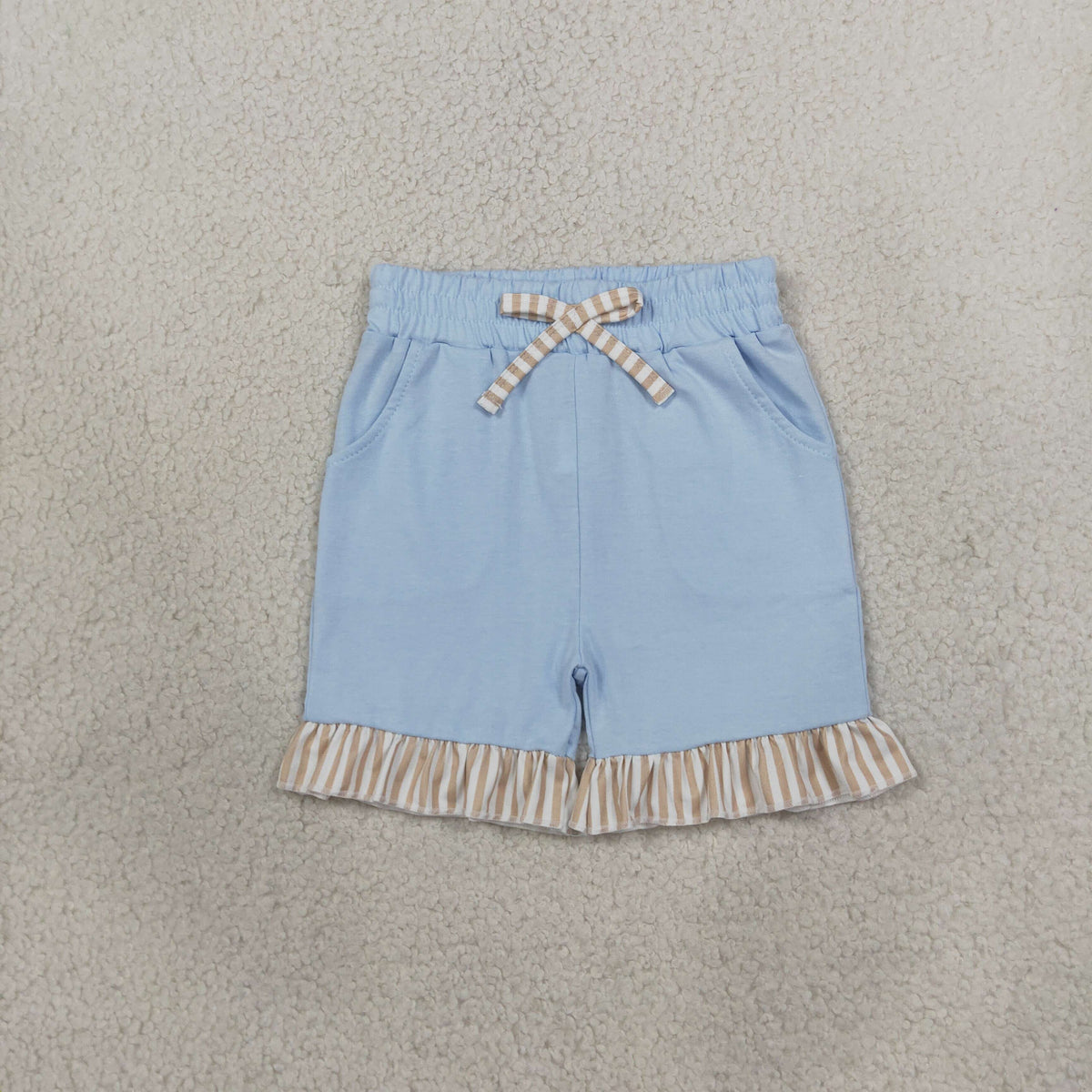 RTS NO MOQ （In stock）cotton SS0995 Baby Girls Blue Bow Pockets Elastic Waist Summer Shorts Bottom
