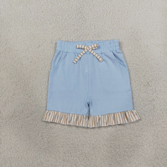 RTS NO MOQ （In stock）cotton SS0995 Baby Girls Blue Bow Pockets Elastic Waist Summer Shorts Bottom