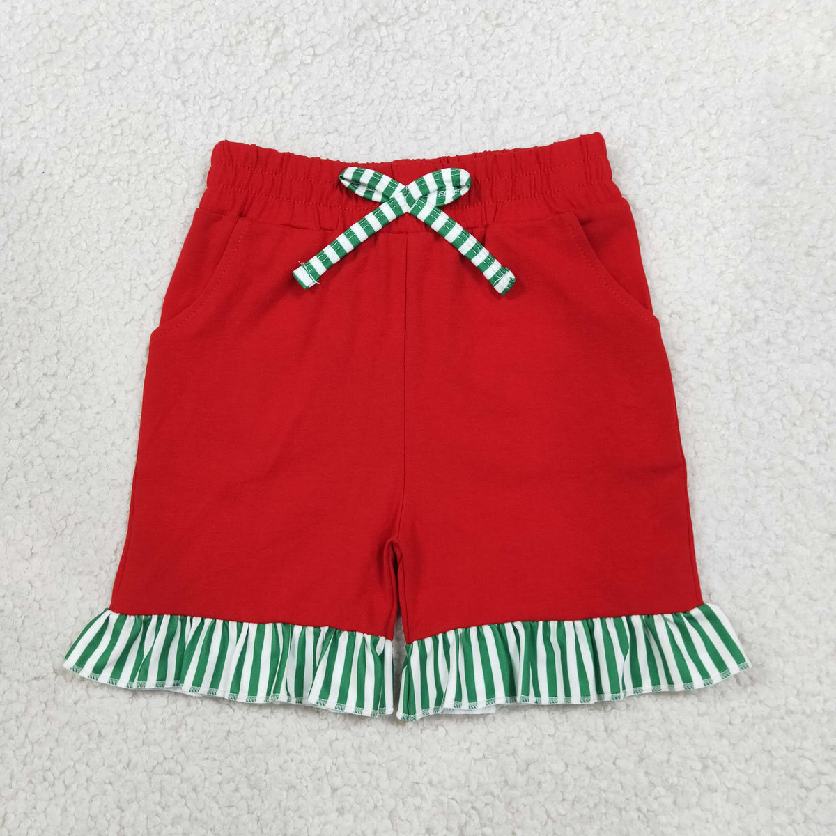 RTS NO MOQ （In stock）cotton SS0997 SS0997 Baby Girls Red Green Stripe Bow Pockets Holiday Casual Shorts Bottom