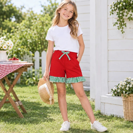 RTS NO MOQ （In stock）cotton SS0997 Baby Girls Red Green Stripe Bow Pockets Holiday Casual Shorts Bottom
