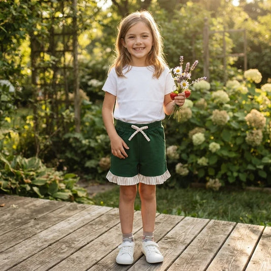 RTS NO MOQ （In stock）milk silk Baby Girls Green Stripe Bow Pockets Shorts Bottom