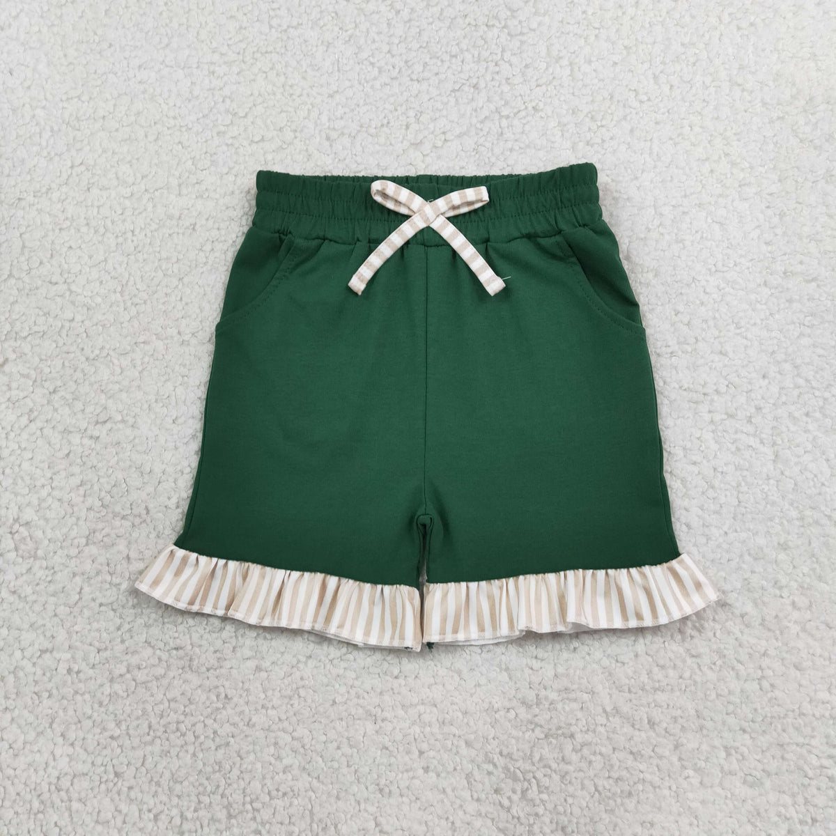 RTS NO MOQ （In stock）milk silk Baby Girls Green Stripe Bow Pockets Shorts Bottom