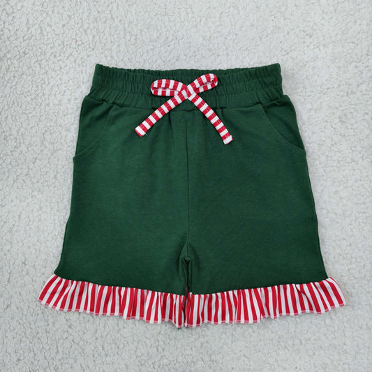 RTS NO MOQ （In stock）cotton SS1002 Baby Girls Green Red Stripe Bow Pockets Casual Shorts Bottom