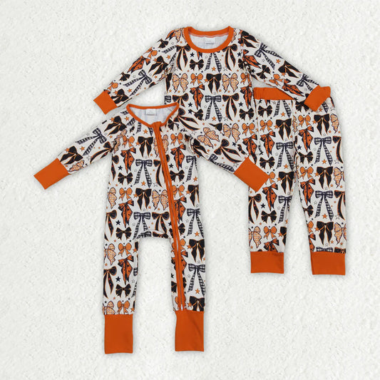 9.29 RTS Sibling Baby Kids Orange Black Bows Stars Halloween Pajams Sets Zipper Footie Rompers