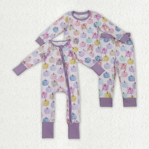 9.29 RTS Sibling Baby Kids Colorful Bows Pumpkins Fall Pajams Sets Zipper Footie Rompers