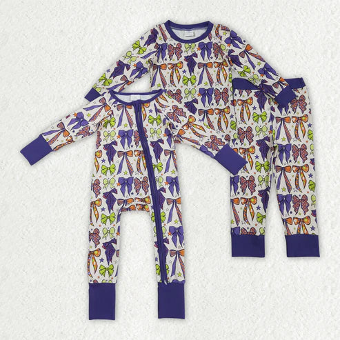 9.29 RTS Sibling Baby Kids Purple Bows Stars Plaid Pajams Sets Zipper Footie Rompers