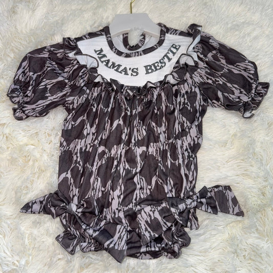 11.18 RST LR2727 Smocked Mamas Bestie Baby Girls Camo Hunting Ruffle Rompers