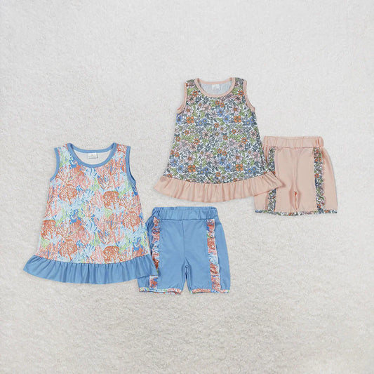 10.4 RTS Sibling Baby Girls Sleeveless Floral Tunic Top Ruffle Shorts Clothes Sets
