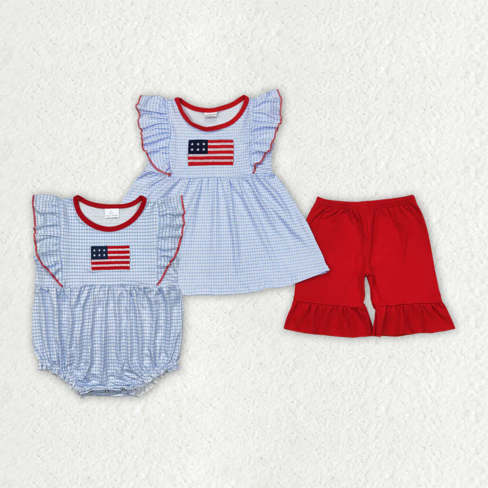 11.10 RTS Sibling Embroidery Flag Baby Girls Blue Checkered Tunic Ruffle Shorts Clothes Sets Rompers