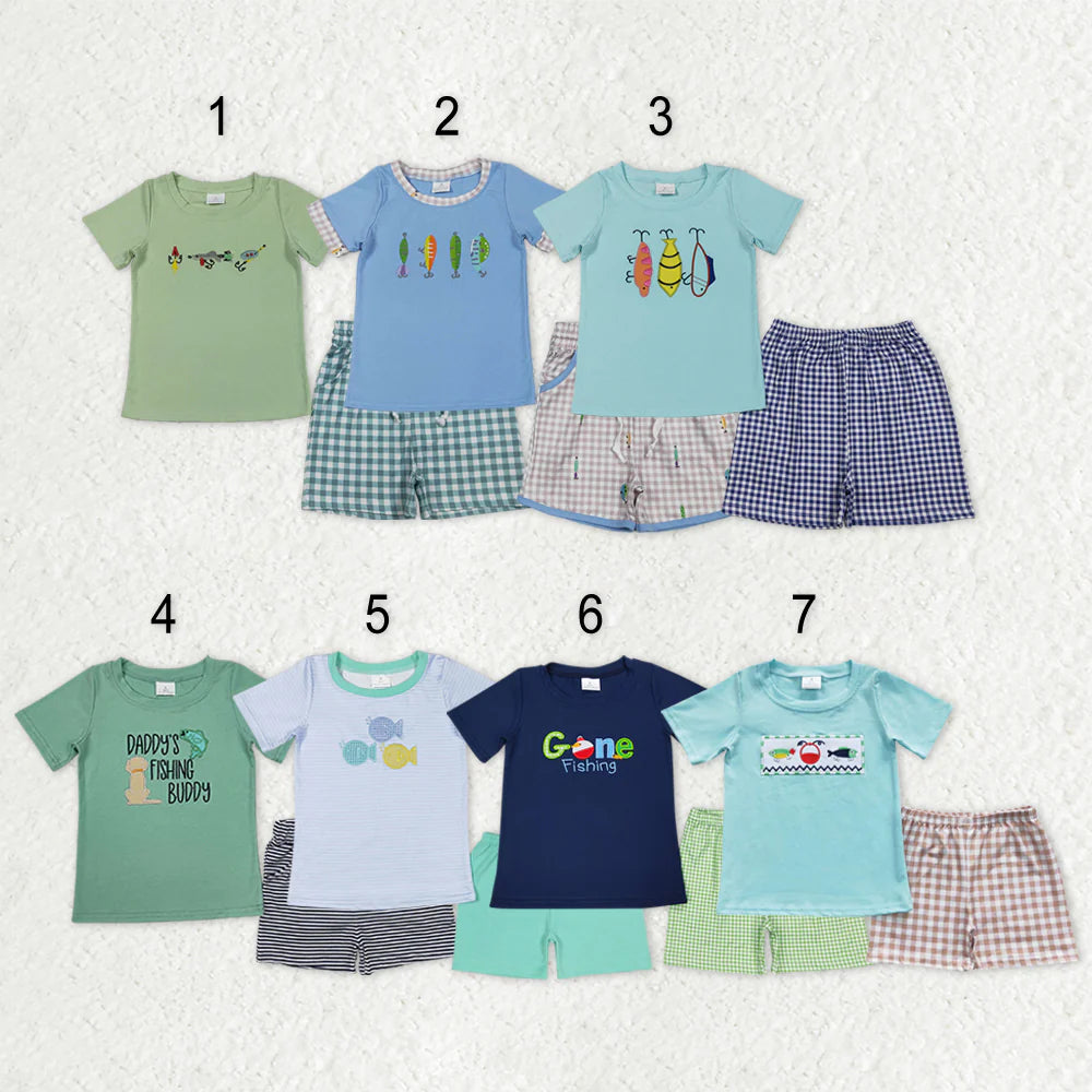 12.16 RTS Sibling Baby Boys Short Sleeve Embroidery Fishing Top Shorts Hunting Clothes Sets