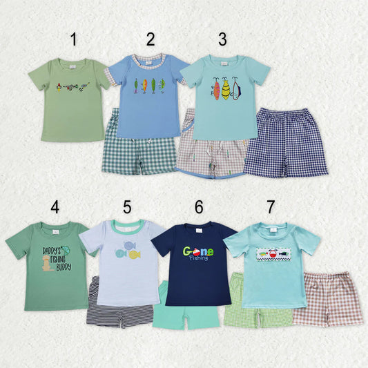 12.16 RTS Sibling Baby Boys Short Sleeve Embroidery Fishing Top Shorts Hunting Clothes Sets
