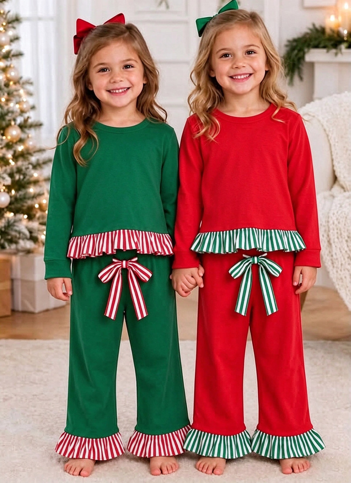 RTS NO MOQ Sibling Cotton Baby Girls christmas Long Sleeve Scallop Tunic Ruffle Pant Set