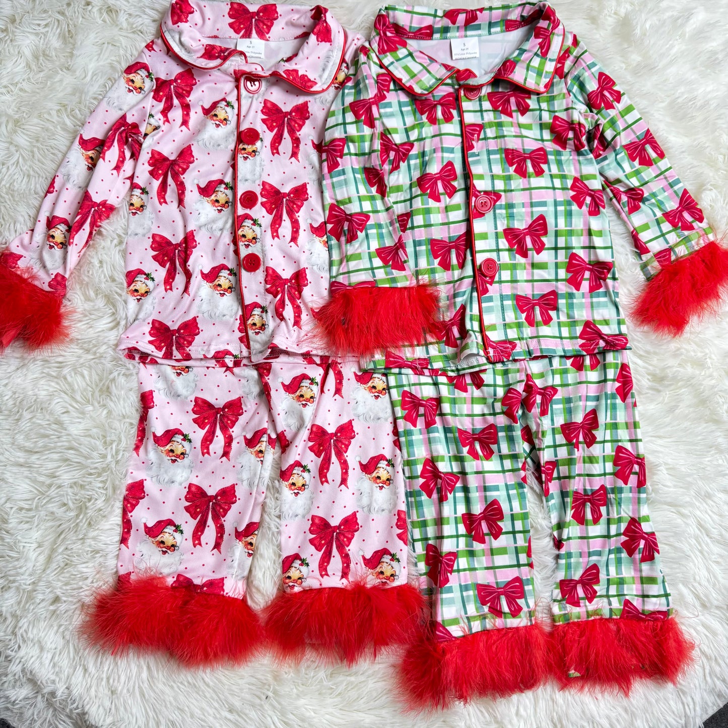 12.6 RST Sibling Baby Girls Christmas Fur Sleeve Bows Buttons Top Pants Pajamas Sets