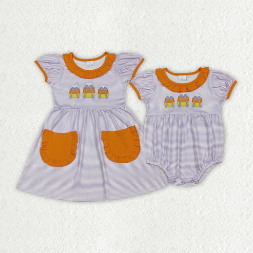 9.17  RTS Sibling Baby Girls Embroidery Bows Candy Stripe Pockets Halloween Knee Length Dresses Rompers