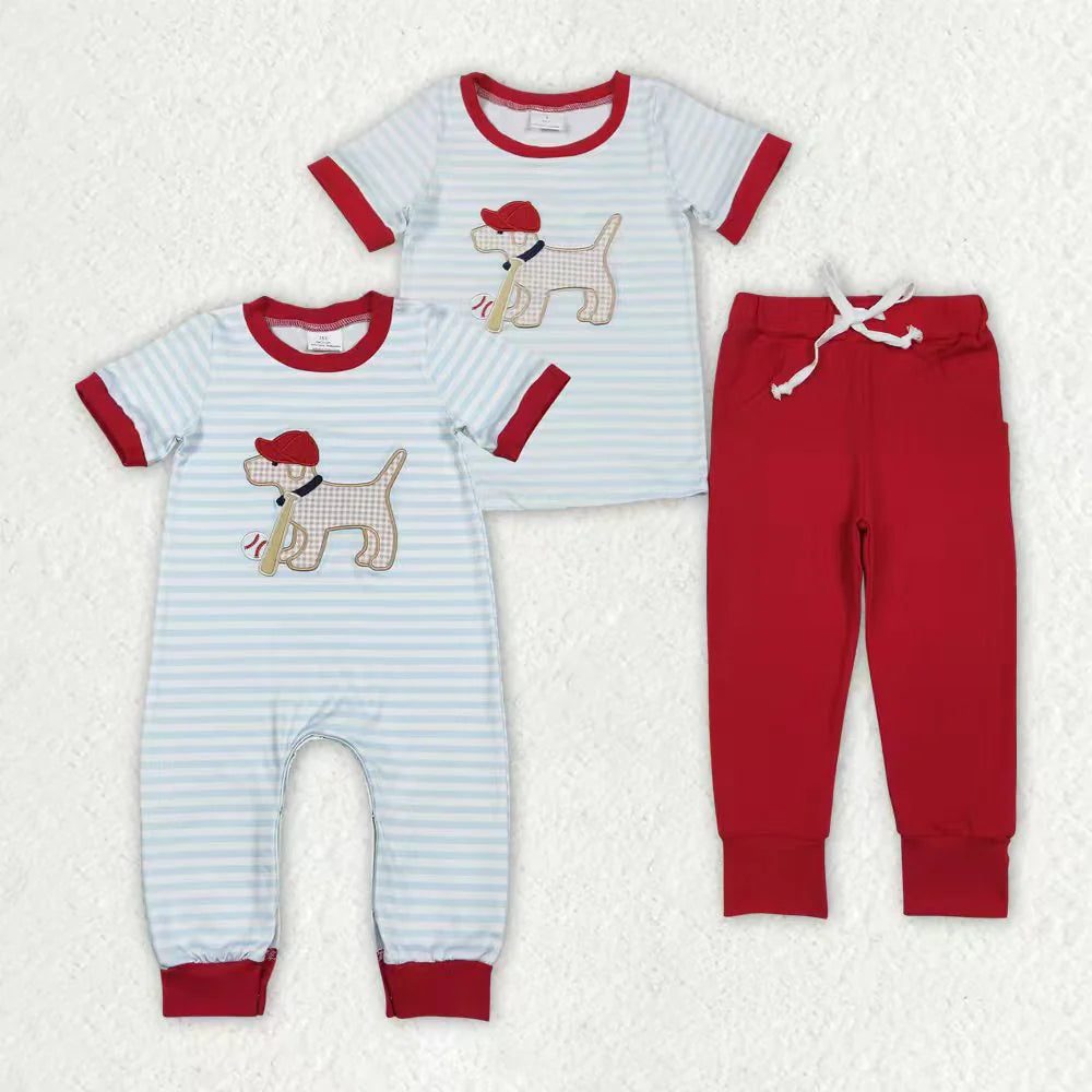 12.2 RTS Sibling Baby Boys Embroidery Baseball Dogs Stripe Pockets Pants Team Set Footie Rompers