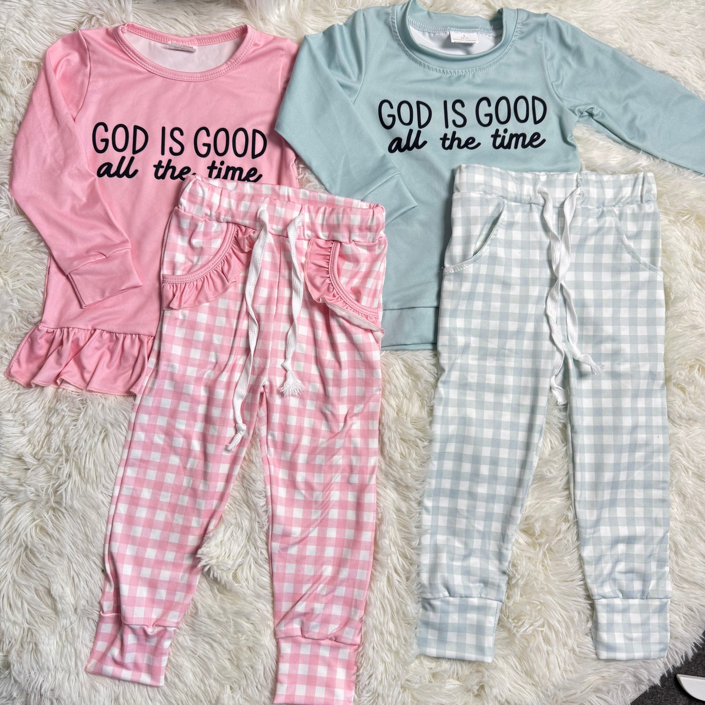 12.18 RST Sibling Baby Girls God is Good Top Pockets Checked Legging Pants Clothes Sets