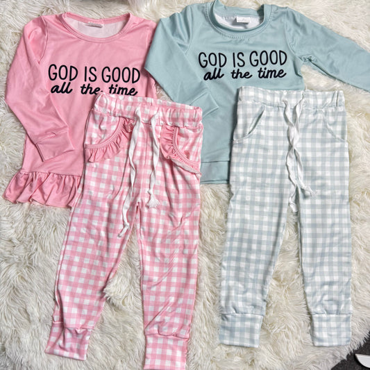 12.18 RST Sibling Baby Girls God is Good Top Pockets Checked Legging Pants Clothes Sets