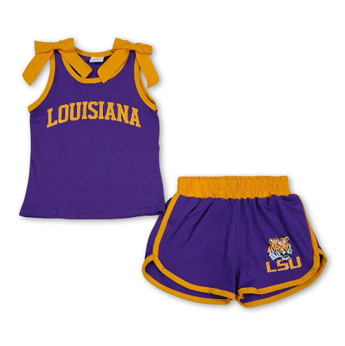 RTS NO MOQ Sibling Vinyl Baby Girls Team Graphic Top With White Bow Matching Shorts Team Clothes Set