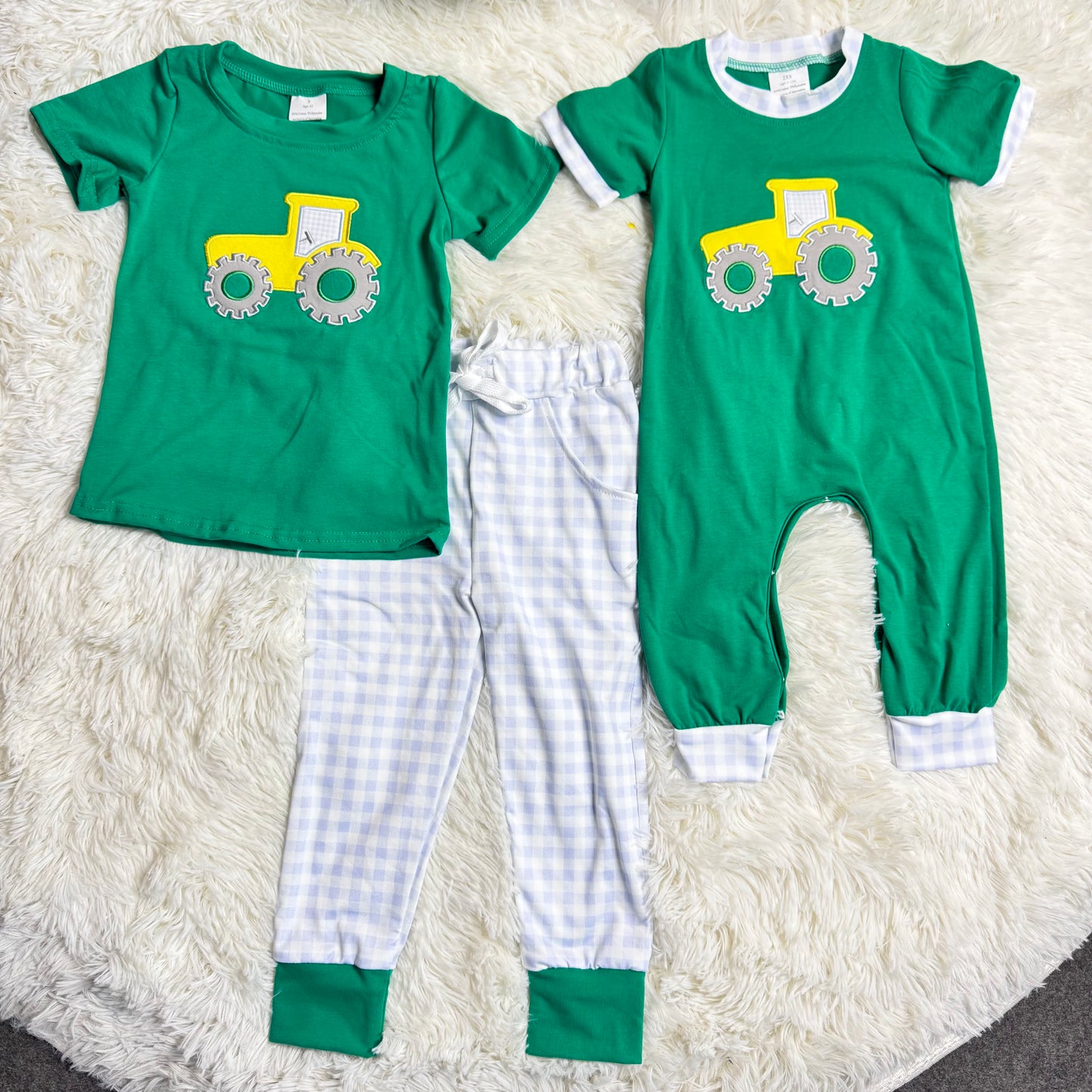 12.13 RTS Sibling Sibling Baby Boys Green Embroidery Trucks Checked Pockets Pants Farm Set Footie Rompers
