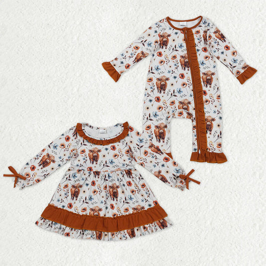 11.18 RTS Sibling Baby Girls Highland Cows Flowers Ruffle Collar Western Knee Length Dresses Zipper Rompers