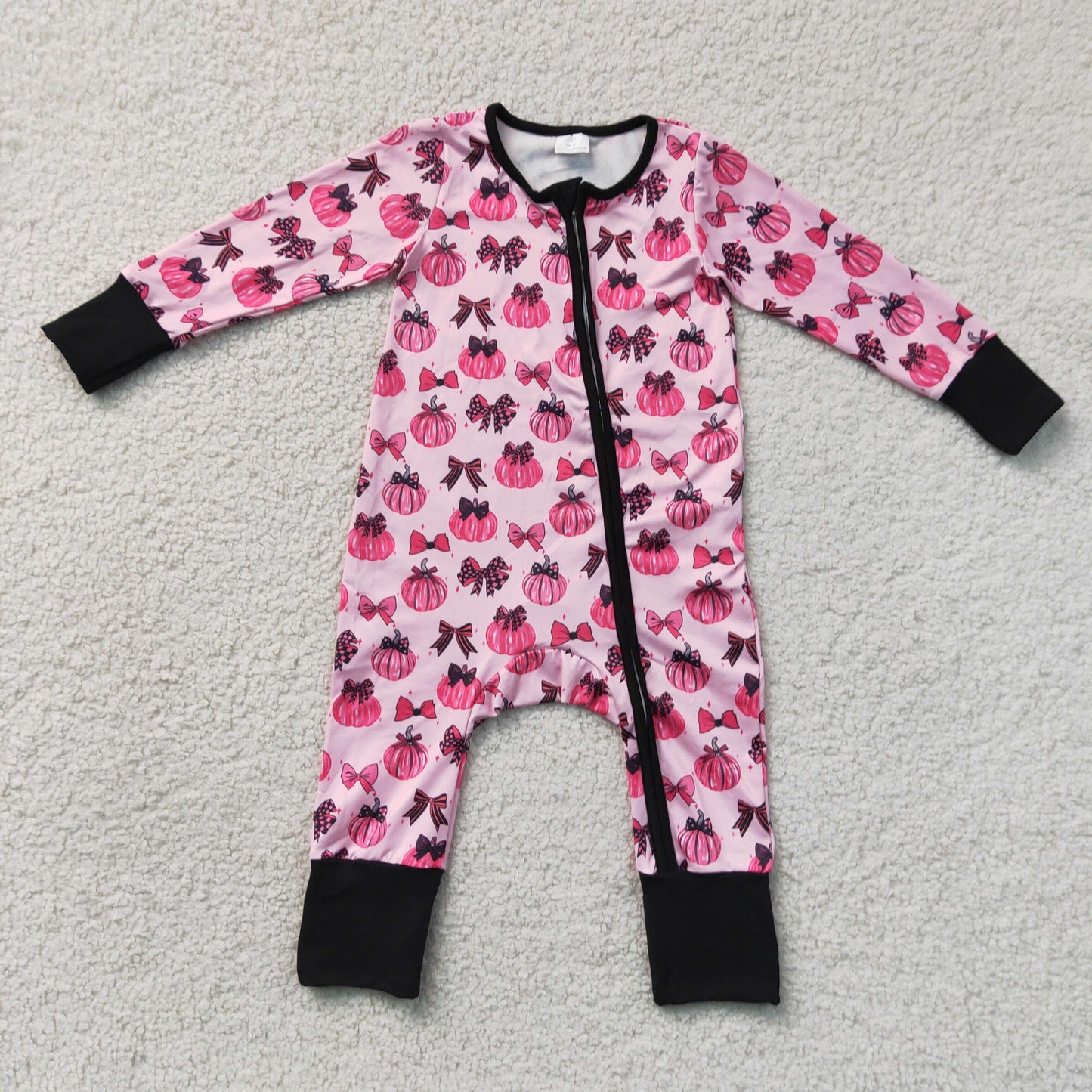 LR3069   RTS NO MOQ （In stock）Baby Girls Cute Pink Bow Pumpkin Long Sleeve Two Way Zip Ruffle Convertible Rompers