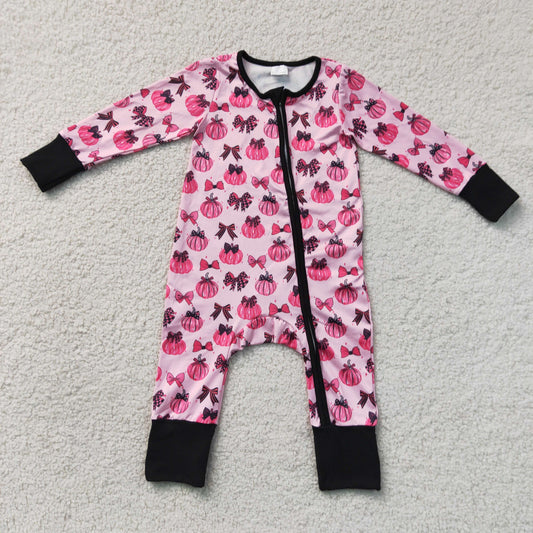 LR3069   RTS NO MOQ （In stock）Baby Girls Cute Pink Bow Pumpkin Long Sleeve Two Way Zip Ruffle Convertible Rompers