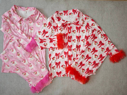 10.15 RTS Sibling Adult Women Bows Santa Trees Button Top Pants Christmas Fur Pajamas Sets