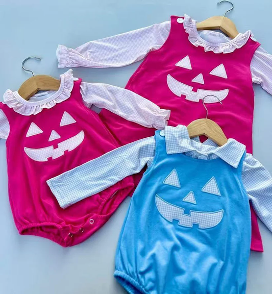 RTS NO MOQ （In stock）Sibling baby girl boy clothes halloween long-sleeved top embroidery smiley face rose red sleeveless dress and romper 2 pieces set