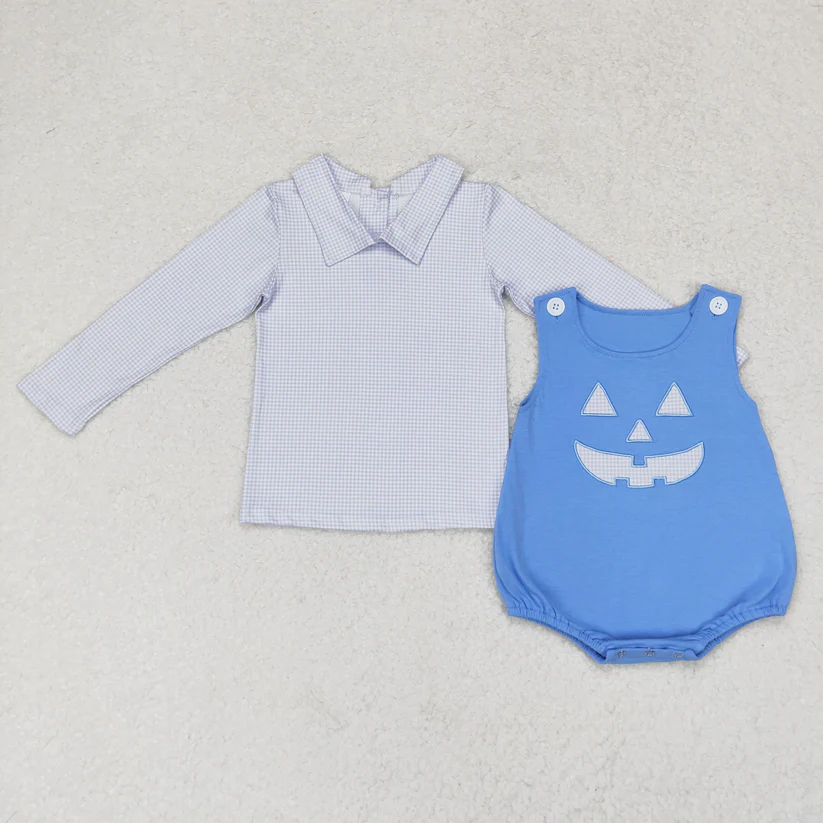 RTS NO MOQ （In stock）Sibling baby girl boy clothes halloween long-sleeved top embroidery smiley face rose red sleeveless dress and romper 2 pieces set