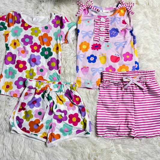 12.11 RST Sibling Baby Girls Colorful Flowers Button Top Shorts Clothes Sets