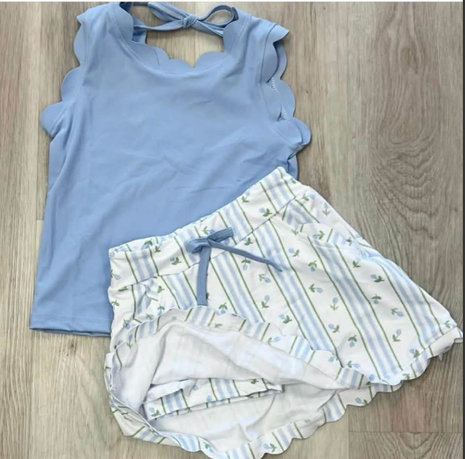 GSD3906 Pre order No Moq Toddler Girls Floral Stripe Sleeveless Top Skort Two Piece Set