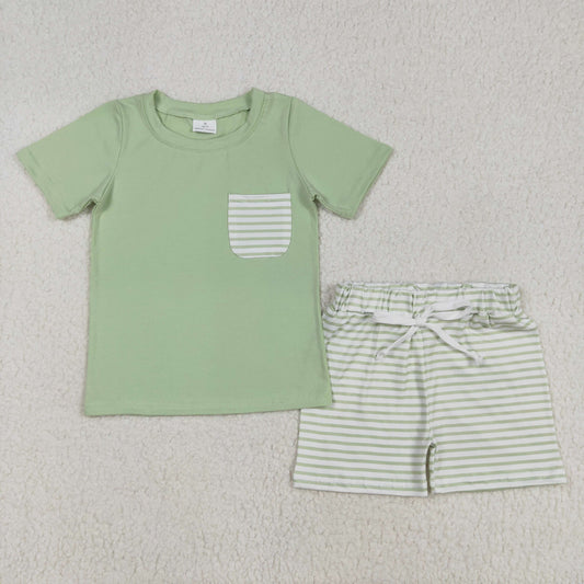 BSSO1103Boys Summer Outfits Short Sleeves Stripe Pocket Top Shorts Set Casual Breathable Clothing for Kids