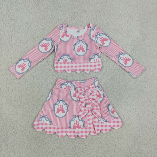 GLD1601 RTS NO MOQ （In stock）Baby Girls Pink Stripe Scallop Edge Skort Summer Yoga Set