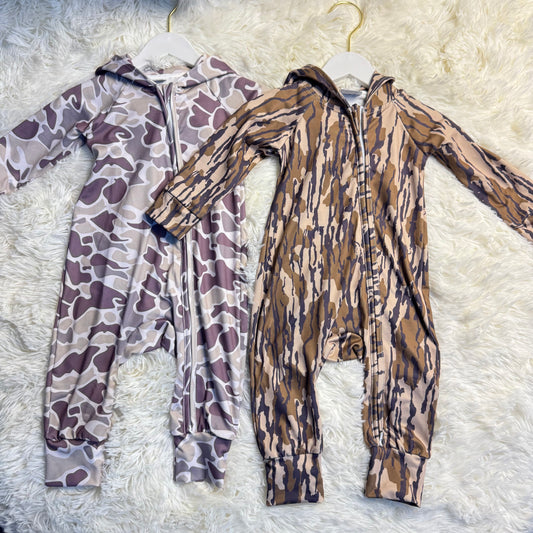 12.3 RST Sibling Baby Boys Southern Camo Hoodie Two Way Zip Convertible Rompers