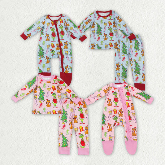 9.23 RTS Sibling Baby Kids Long Sleeves Green Face Miss Christmas Pajamas Sets Zipper Footed Rompers