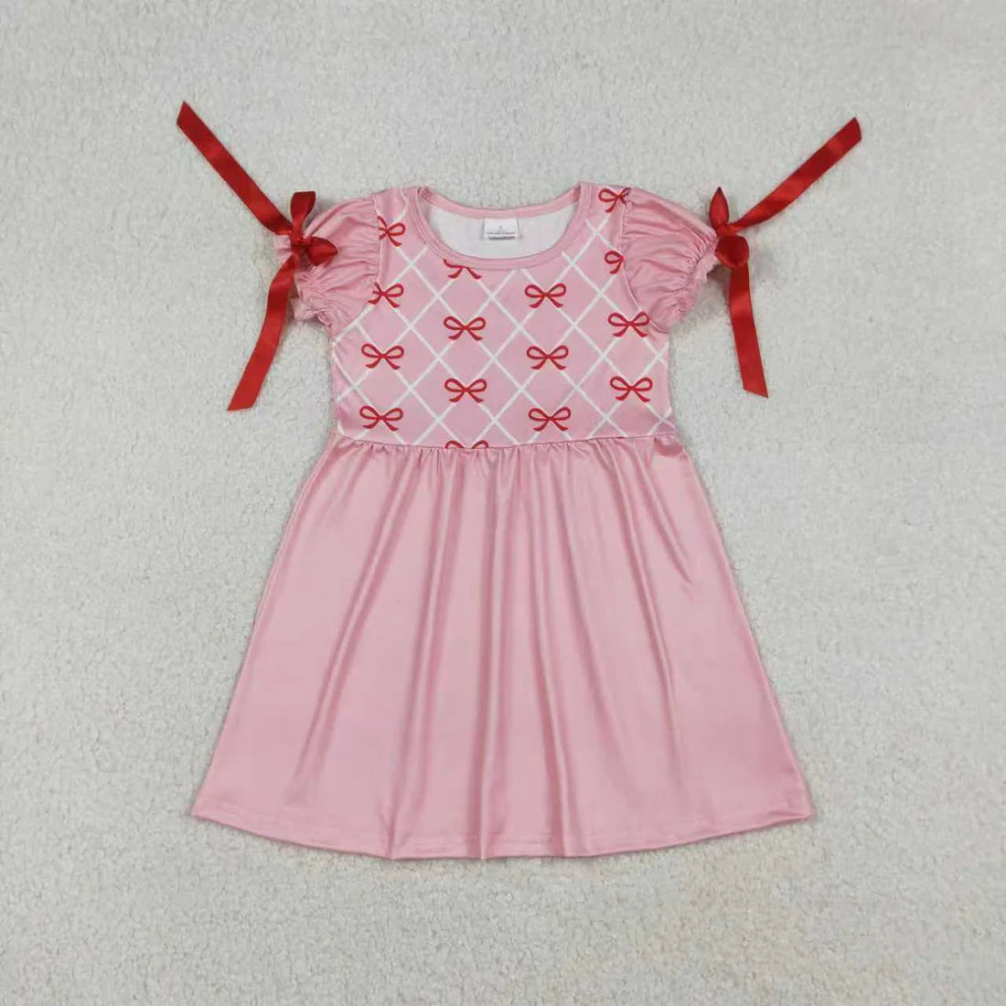 1.6 RTS Sibling Baby Girls Red Bows Checked Knee Length Dresses Ruffle Rompers