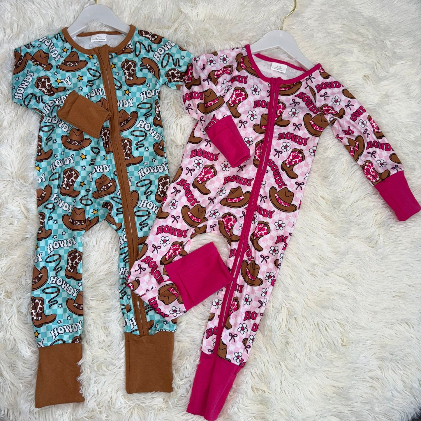 11.15 RST Sibling Baby Boys Girls Hats Bows Western  Zipper Rompers