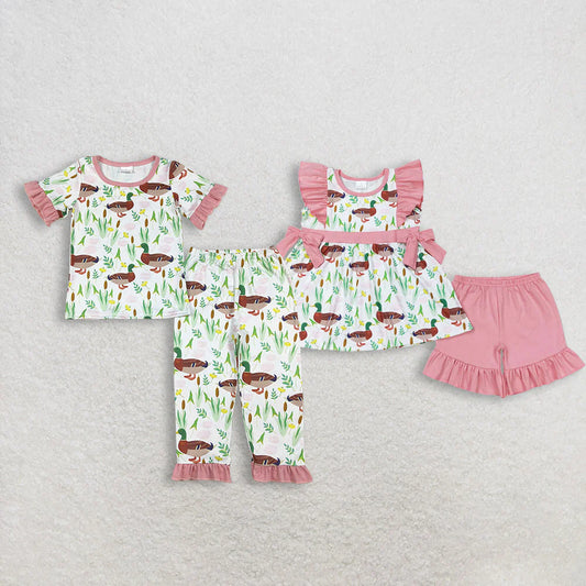 12.22 RTS Sibling Baby Girls Pink Short Ruffle Sleeve Flowers Ducks Top Short Pants Pajamas Clothes Sets