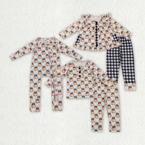 9.17 RTS Sibling Baby Girls Bows Pumpkins Button Fal Pajamas Clothes Sets Zipper Footie Rompers