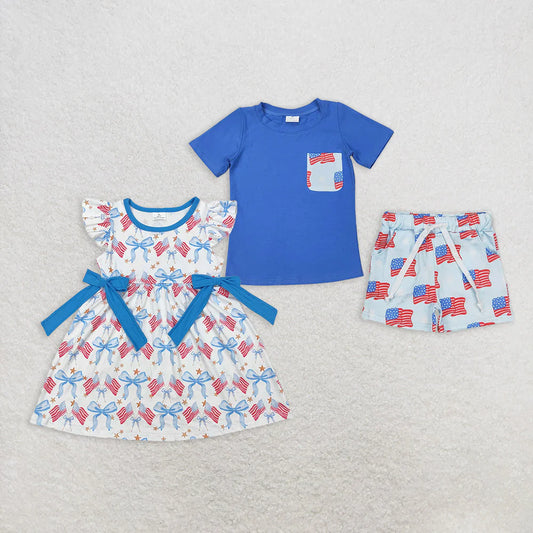 11.10 RTS Sibling Baby Kids 4th of July Flags Pocket Shirts Shorts Outfits Knee Length Dresses
