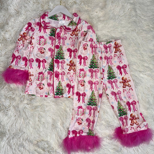 11.24 RST GLP2375 Baby Girls Christmas With Fur Bows Gingerbread Trees Button Top Pants Pajamas Sets