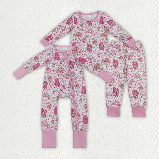 12.26 RTS Sibling Baby Girls Pink Hats Boots Top Pants Western Pajamas Set Zipper Rompers