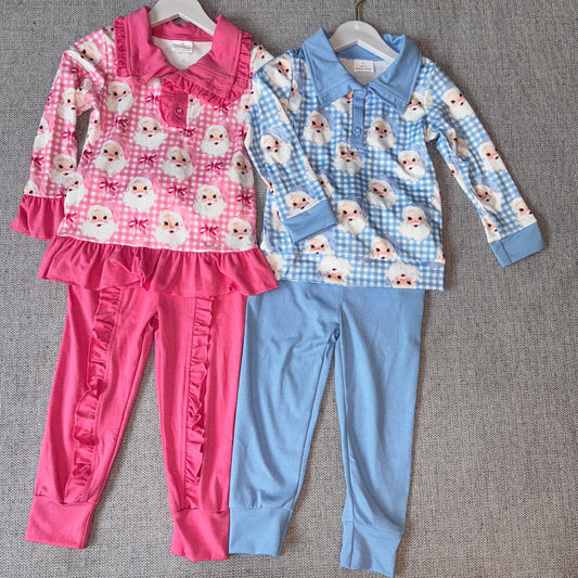 10.27 RTS Sibling Baby Kids Santa Checked Zip Pullover Pockets Leggings Christmas Clothes Sets