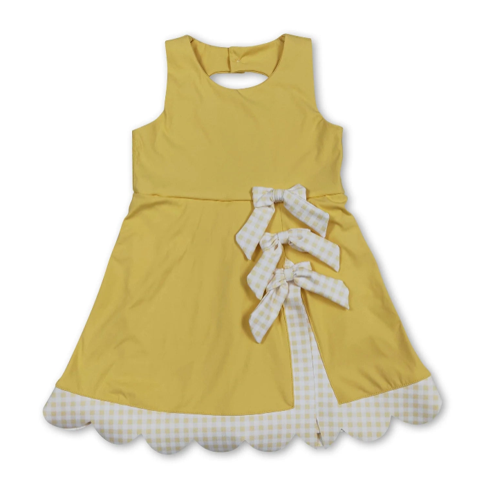 RTS NO MOQ Sibling yoga fabric Baby Girls Bow Scallop Trim Knee Length  Athletic Short Dress