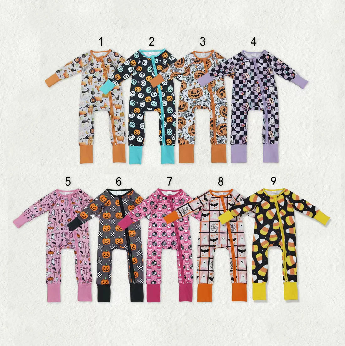 12.11 RTS Sibling Baby Kids Ghost Pumpkins Bats Halloween Two Way Zip Convertible Rompers